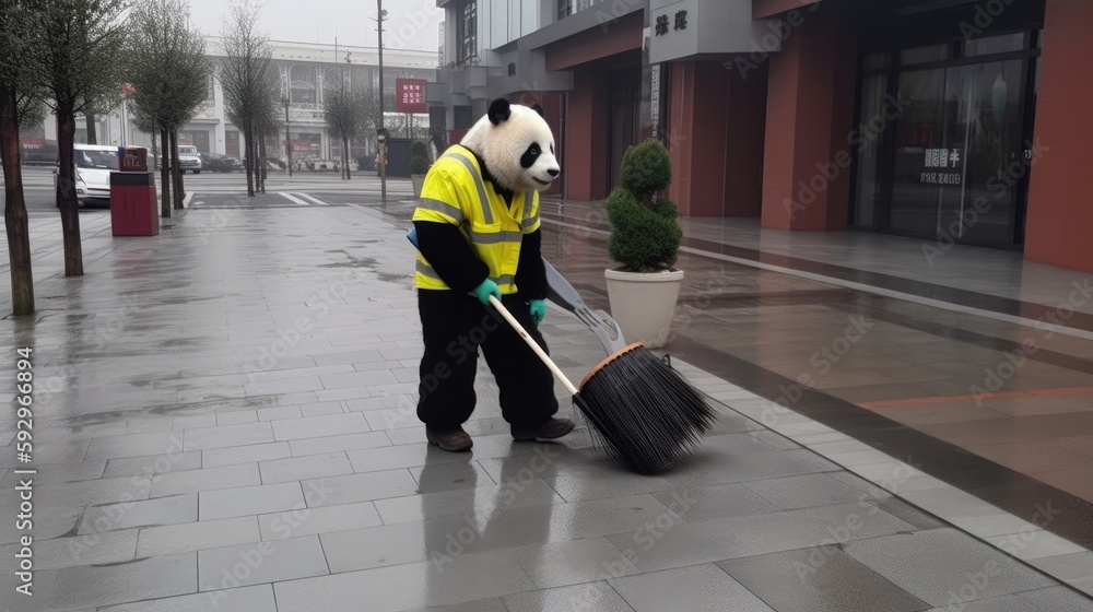 Wall mural panda in disguise: street cleaner extraordinaire - generative ai illustration