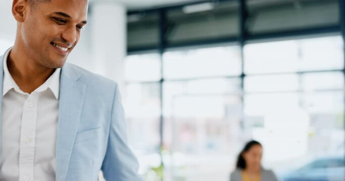 Office, Walking And Business Man With Documents Working On Laptop For Project, Planning And Strategy. Corporate, Professional Manager And Male Entrepreneur With Motivation, Pride And Happy At Desk