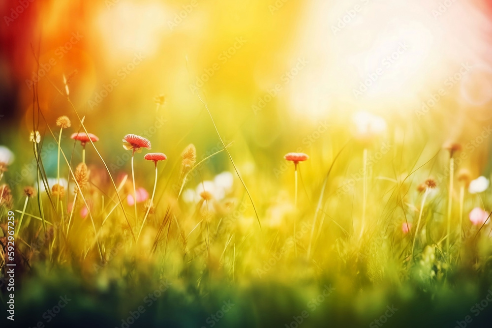 Aufkleber sunlit meadow. spring landscape with grass and fields in the background. copy space available