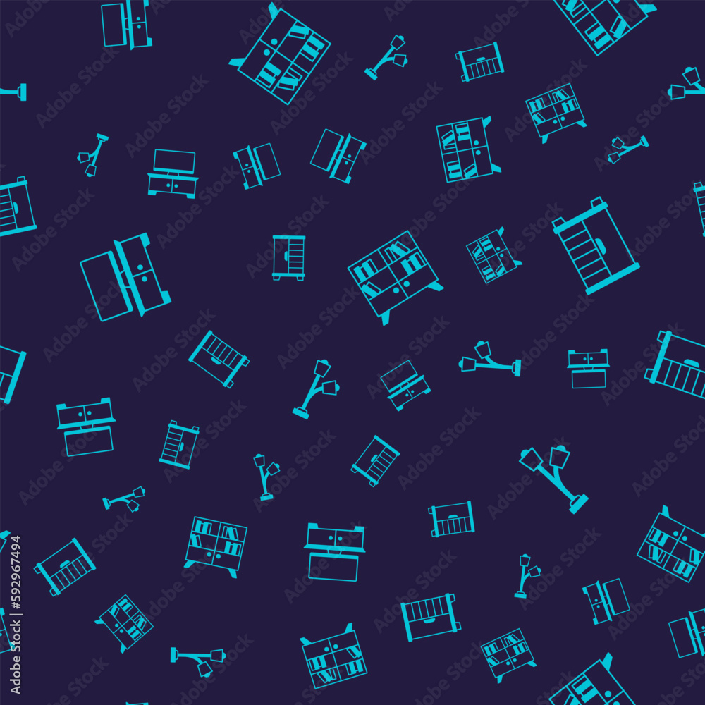 Poster set tv table stand, wardrobe, library bookshelf and floor lamp on seamless pattern. vector