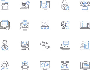 Fototapeta na wymiar Working outline icons collection. Employing, Occupying, Laboring, Functioning, Earning, Performing, Executing vector and illustration concept set. Operating,Plying,Acting linear signs