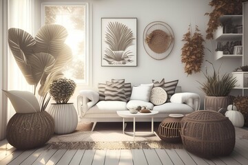 Portrait Retro living room in white and beige tones.Boho stylish design, 3d illustration - generative ai
