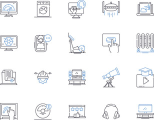 Fototapeta premium Appliances and gadjets outline icons collection. Appliances, Gadgets, Refrigerator, Microwave, Oven, Toaster, Blender vector and illustration concept set. Juicer, Mixer, Grinder linear signs