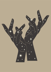 Night sky in hands mystic poster illustration. Tarot card minimalist vector illustration.