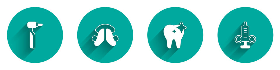 Set Tooth drill, Dental tooth plate, whitening and Syringe icon with long shadow. Vector