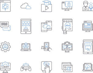 Digital technology outline icons collection. Digital, Technology, Networking, Computing, Automation, Connectivity, Internet vector and illustration concept set. Electronics, Robots, Devices linear