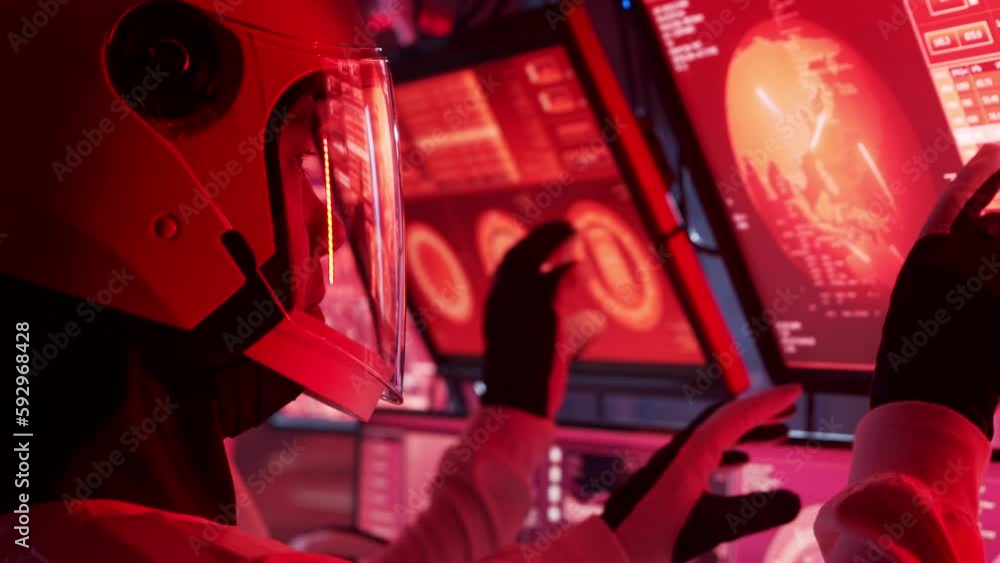 Wall mural team of astronauts in a space suits aboard the mars station. a crew of cosmonauts piloting the space