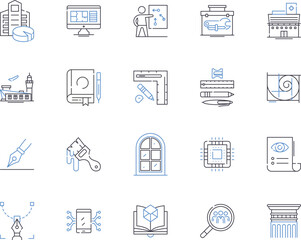 Engineering essentials outline icons collection. Engineering, Essentials, Design, Manufacturing, Engineering-Sciences, Structural, Automation vector and illustration concept set. Components, Systems
