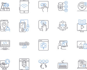 automotive technology outline icons collection. Automotive, Technology, Cars, Engines, Diagnostics, Repairs, Manufacturing vector and illustration concept set. Robotics, Electronics, Fuel linear signs