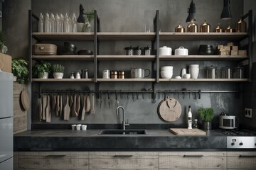 Grey kitchen interior with sink and kitchenware on shelves. Mockup wall. Generative AI