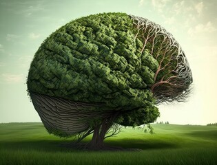 The human brain is covered with green grass and trees. Ecological concept. The metaphor of the wild, natural or imperfect intelligence. AI generative