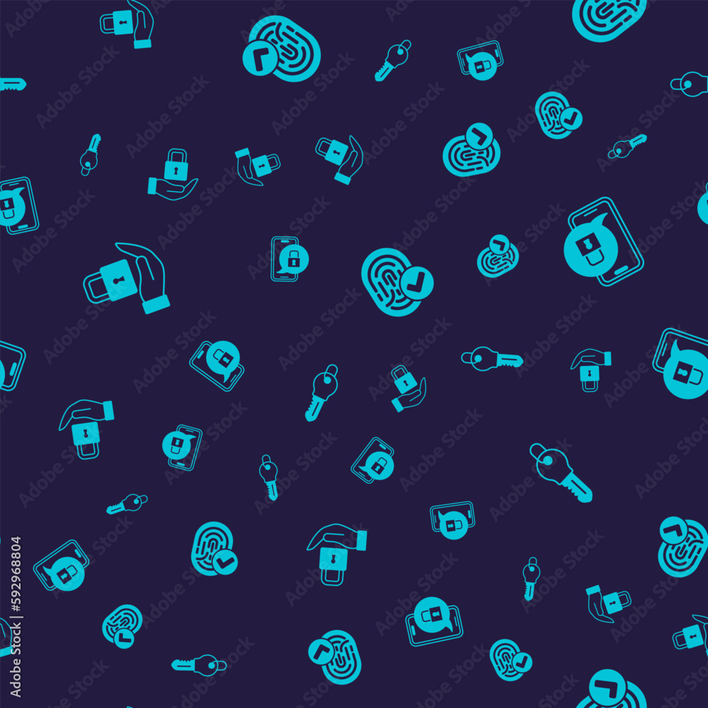 Poster set lock, mobile with closed padlock, fingerprint and key on seamless pattern. vector