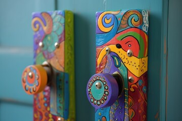 pair of door handles, one on each side of the door, that have been painted with colorful and whimsical paint, created with generative ai
