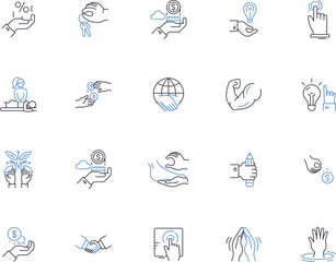 Hand gesture outline icons collection. gesticulating, waving, pointing, beckoning, signaling, clapping, shaking vector and illustration concept set. saluting, clasping, jabbing linear signs