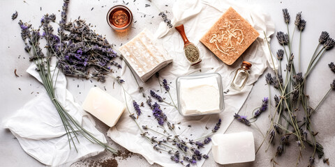 Fototapeta na wymiar The natural soap bars and ingredients were lavender cotton- generative ai.