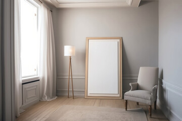 A minimalist living room with a black empty wall mockup, a white chair, and a picture frame. Contemporary and cozy design with a retro style lamp. Is AI Generative.