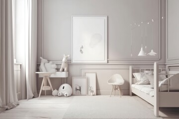 Fototapeta na wymiar Modern bright white nursery room with toys for child as interior design illustration Generative AI