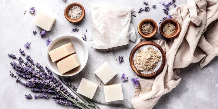 The image depicted natural soap bars and ingredients with a hint of lavender and cotton - generative ai.