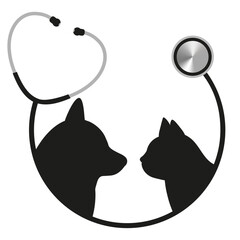 Illustration of the logo of a veterinary clinic.Silhouette of a dog and a cat in a stethoscope on a white background.