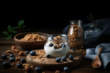 Plant based organic yogurt made from almond milk topped with gluten free granola and fresh blueberries. Generative AI