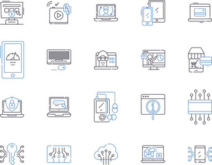 Gadjets and electronics outline icons collection. Gadgets, Electronics, Technology, Devices, Innovations, Smartphones, Computers vector and illustration concept set. Wearables, TVs, Cameras linear