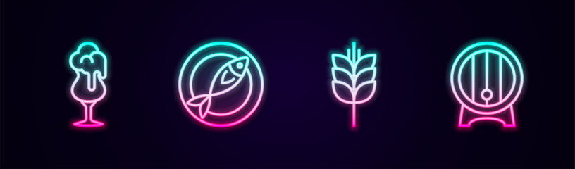 Set line Glass of beer, Dried fish, Wheat and Wooden barrel on rack. Glowing neon icon. Vector