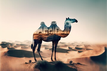 Camel abstract artwork in double exposure of sahara desert, animal art with sand landscape as dromedary with nature background concept. Superb Generative AI.