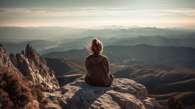 Woman meditating on top of a mountain at sunset, sunrise
