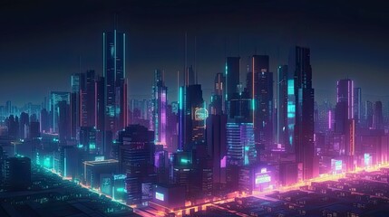 An image of a futuristic city skyline at night, with neon lights and glowing buildings - Generative AI