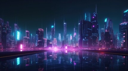 An image of a futuristic city skyline at night, with neon lights and glowing buildings - Generative AI