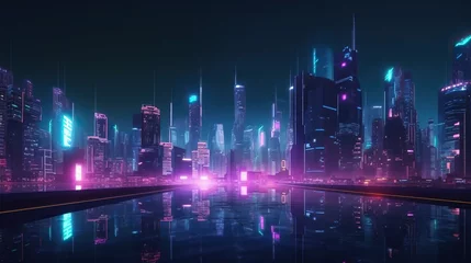 An image of a futuristic city skyline at night, with neon lights and glowing buildings - Generative AI © ImageMaster