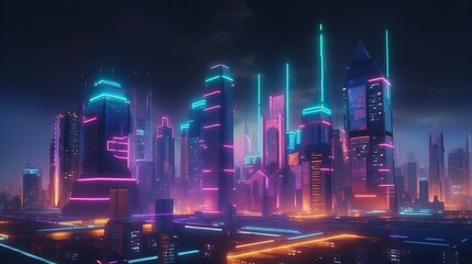 An image of a futuristic city skyline at night, with neon lights and glowing buildings - Generative AI