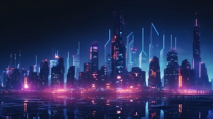 An image of a futuristic city skyline at night, with neon lights and glowing buildings - Generative AI