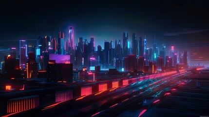 An image of a futuristic city skyline at night, with neon lights and glowing buildings - Generative AI