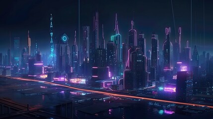 An image of a futuristic city skyline at night, with neon lights and glowing buildings - Generative AI