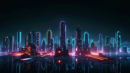 An image of a futuristic city skyline at night, with neon lights and glowing buildings - Generative AI