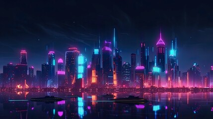 An image of a futuristic city skyline at night, with neon lights and glowing buildings - Generative AI