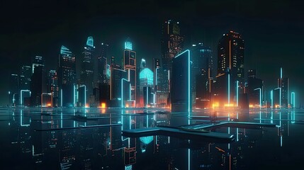 An image of a futuristic city skyline at night, with neon lights and glowing buildings - Generative AI