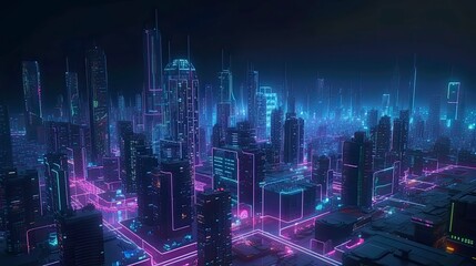Naklejka na ściany i meble An image of a futuristic city skyline at night, with neon lights and glowing buildings - Generative AI