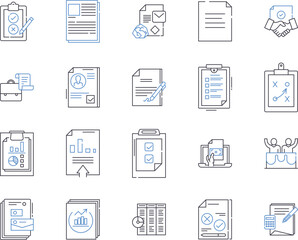 law agency outline icons collection. Law Firm, Lawyer, Practice, Attorney, Solicitors, Barristers, Chambers vector and illustration concept set. Counsel, Prosecution, Jurisprudence linear signs