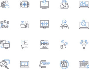 Online education outline icons collection. eLearning, Tutoring, Online-Courses, Distance-Learning, Virtual-Classroom, Video-Lectures, eTutoring vector and illustration concept set. Webinars, MOOCs