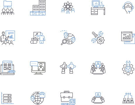 Outsourcing company outline icons collection. outsourcing, company, consultancy, provider, contractor, supplier, specialist vector and illustration concept set. service, offshoring, staff-leasing