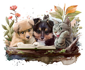 Two shaggy puppies and a cunning cat reading a book - 592971471