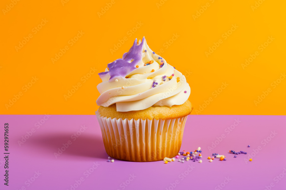 Poster cupcake with white frosting and sprinkles on pink and yellow background. generative ai.