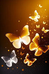 Group of yellow butterflies flying through the air on black and yellow background. Generative AI.
