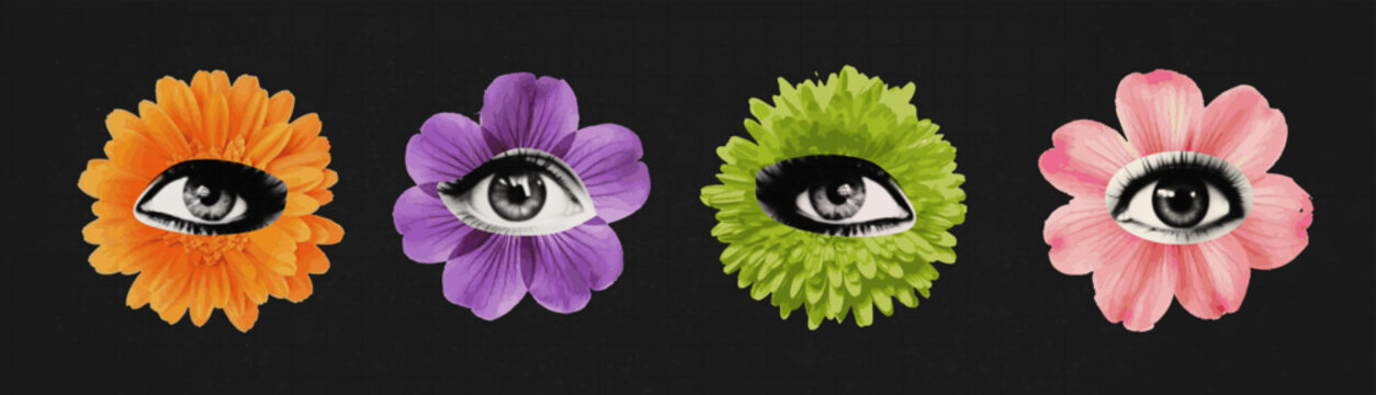 Naklejka Collage eyes with flowers. The bright flower on it is paper like a woman pupil cut out of an old magazine. Creative vector texture illustration