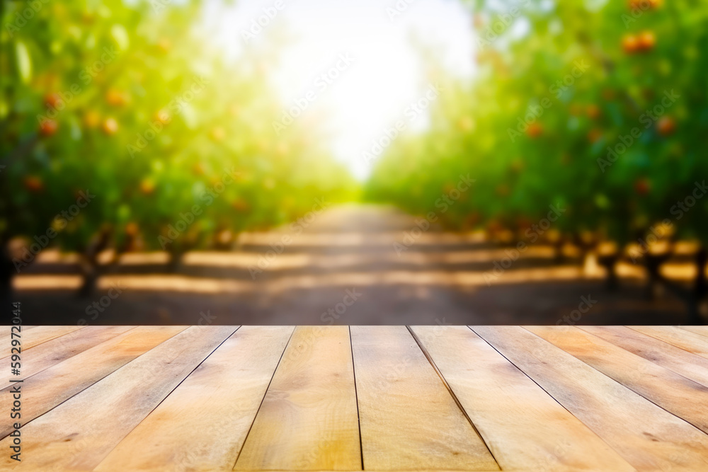 Sticker Wooden table top with blurry image of orange grove in the background. Generative AI.