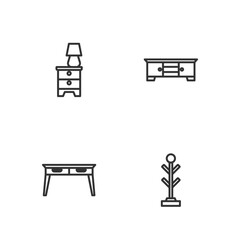 Set line Coat stand, Office desk, Furniture nightstand with lamp and TV table icon. Vector