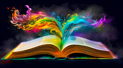 Open book with colorful bookmark flying out of it's pages. Generative AI.