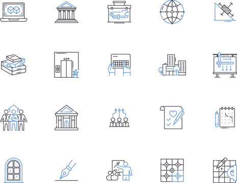 Engineering outline icons collection. Engineering, Design, Construct, Create, Develop, Assemble, Invent vector and illustration concept set. Analyze, Manufacture, Program linear signs